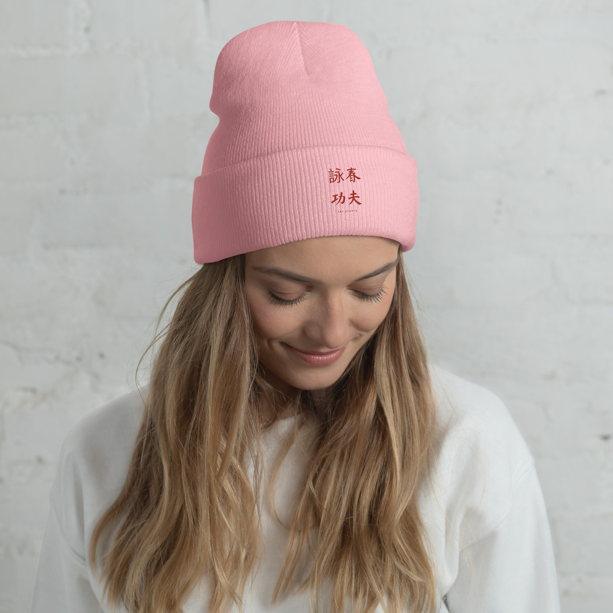 Wing Chun Kung Fu cuffed beanie in baby pink, front view