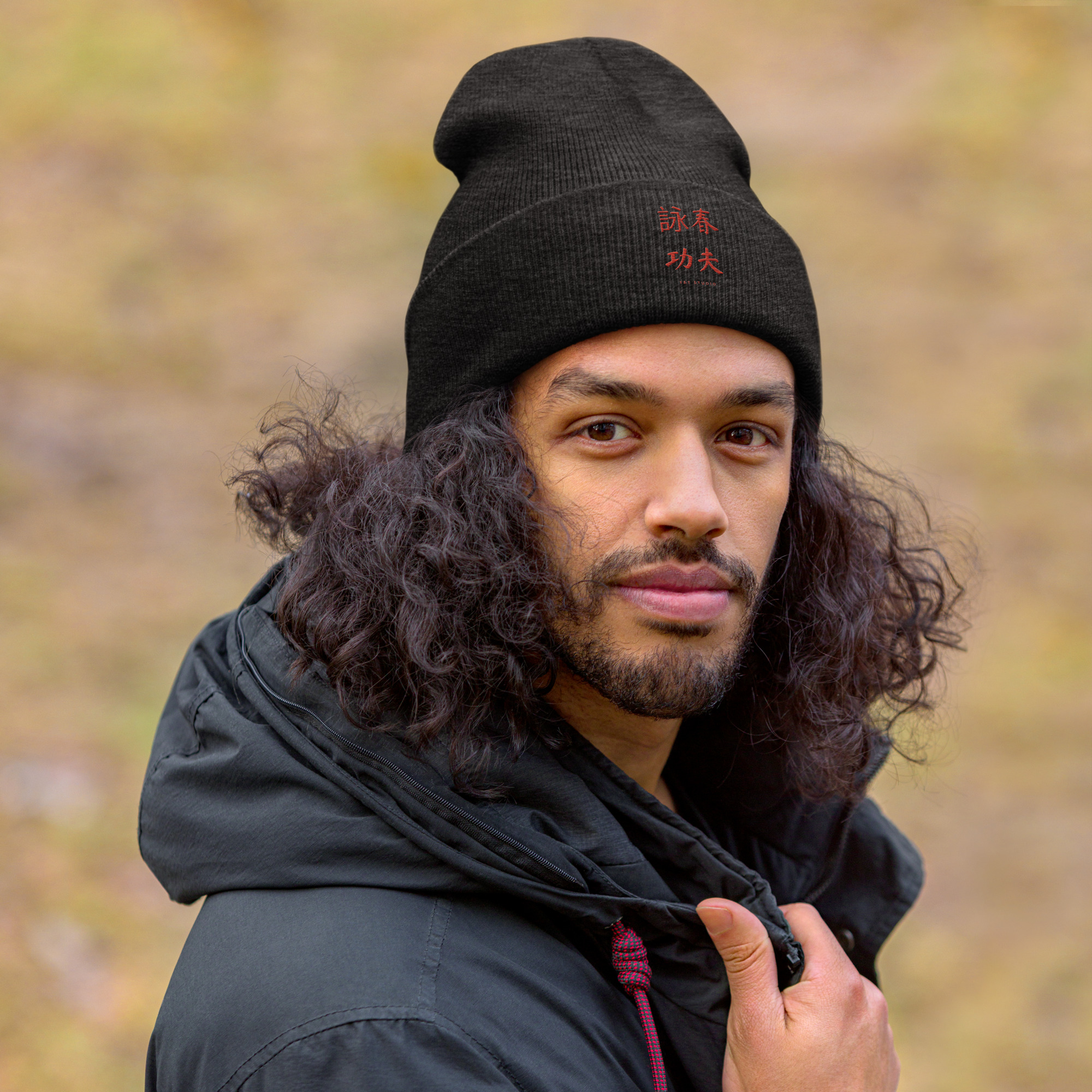 Wing Chun Kung Fu cuffed beanie in dark grey, front view