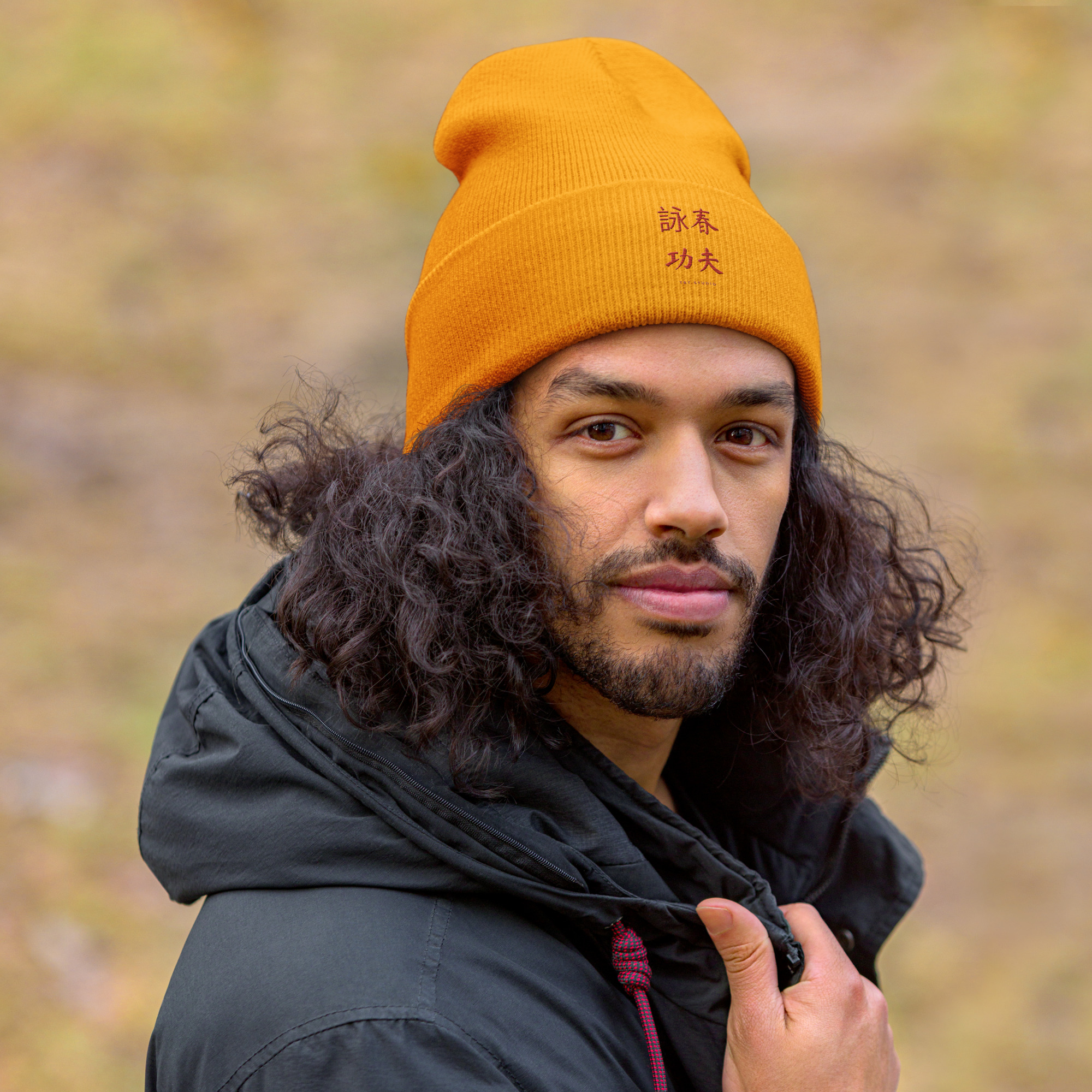 Wing Chun Kung Fu cuffed beanie in gold, front view