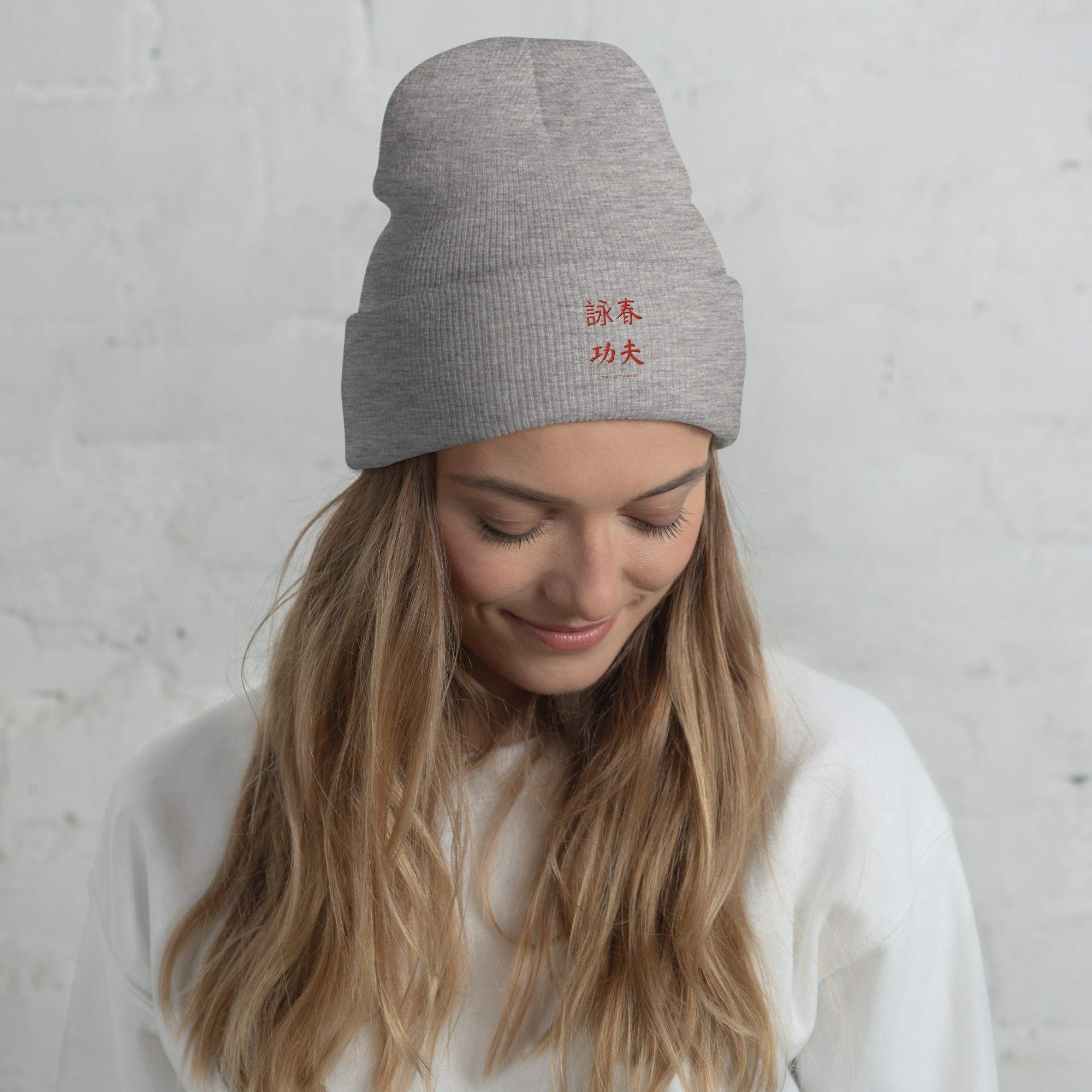 Wing Chun Kung Fu cuffed beanie in heather grey, front view