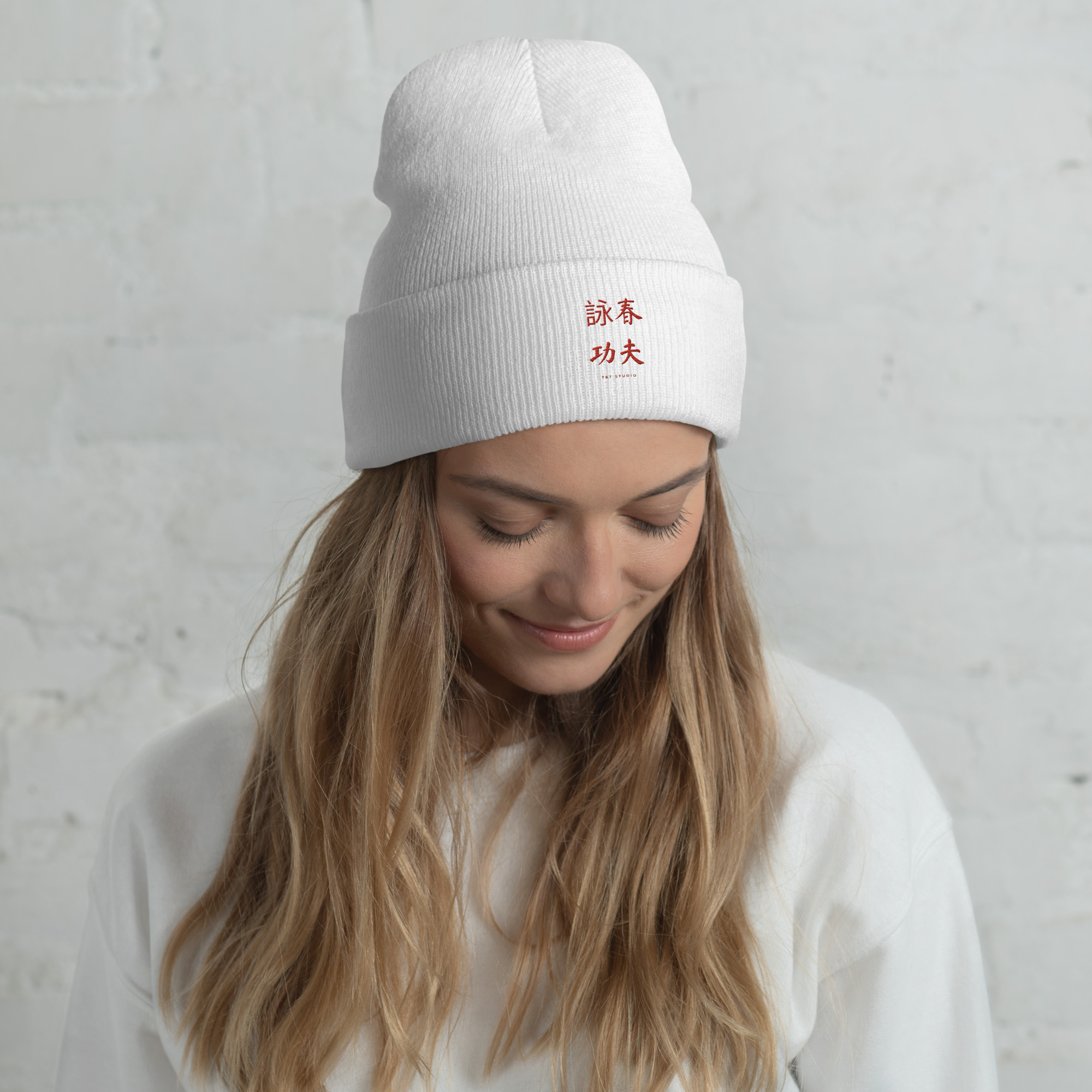 Wing Chun Kung Fu cuffed beanie in white, front view