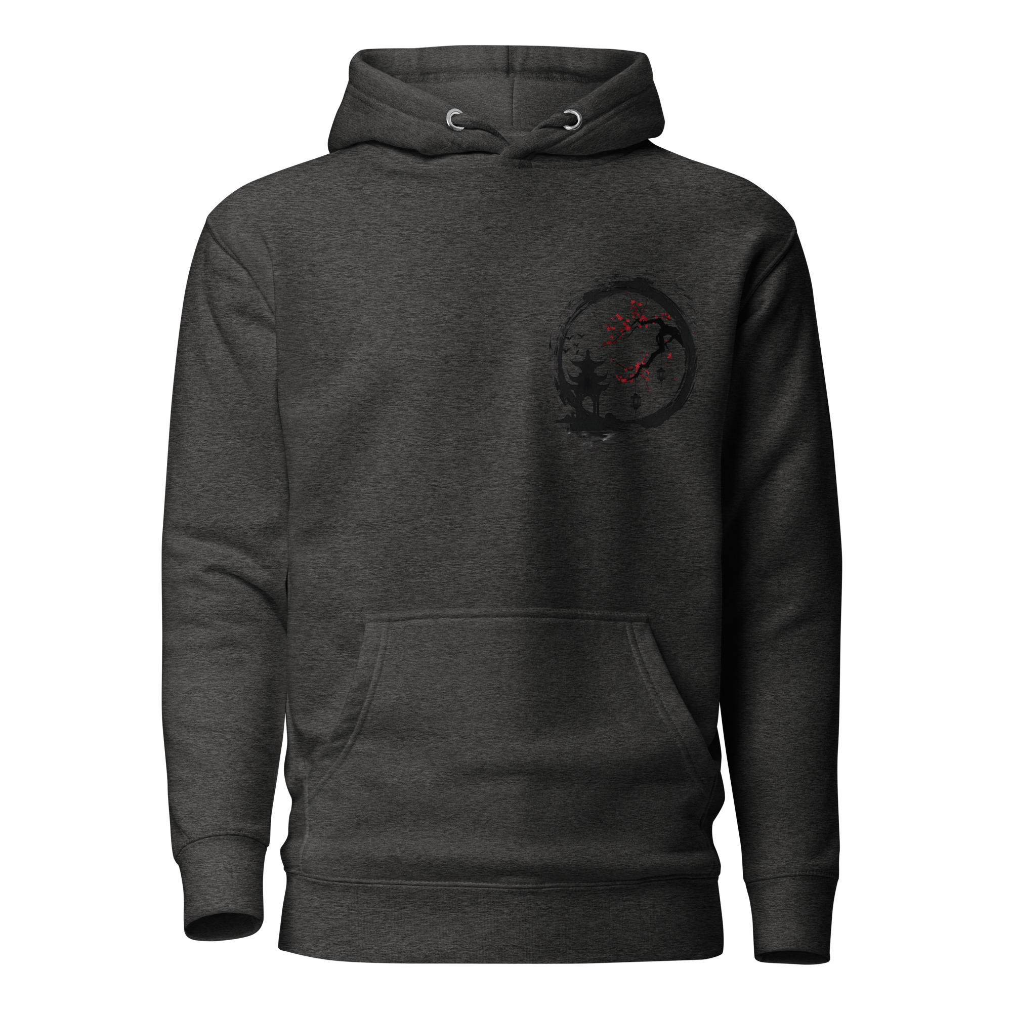 Ink Wash Pagoda & Plum Blossom hoodie in charcoal heather, front view