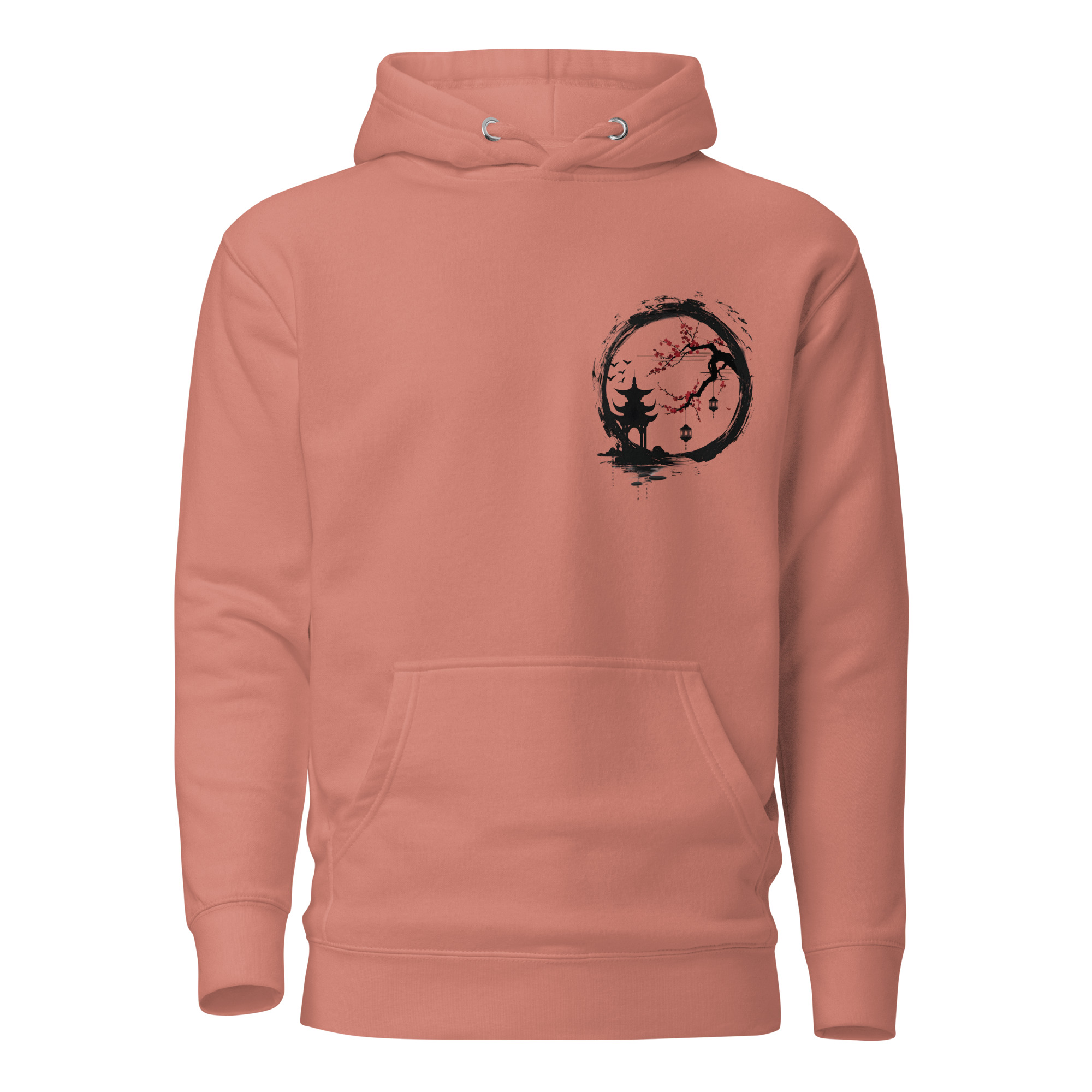 Ink Wash Pagoda & Plum Blossom hoodie in dusty rose, front view