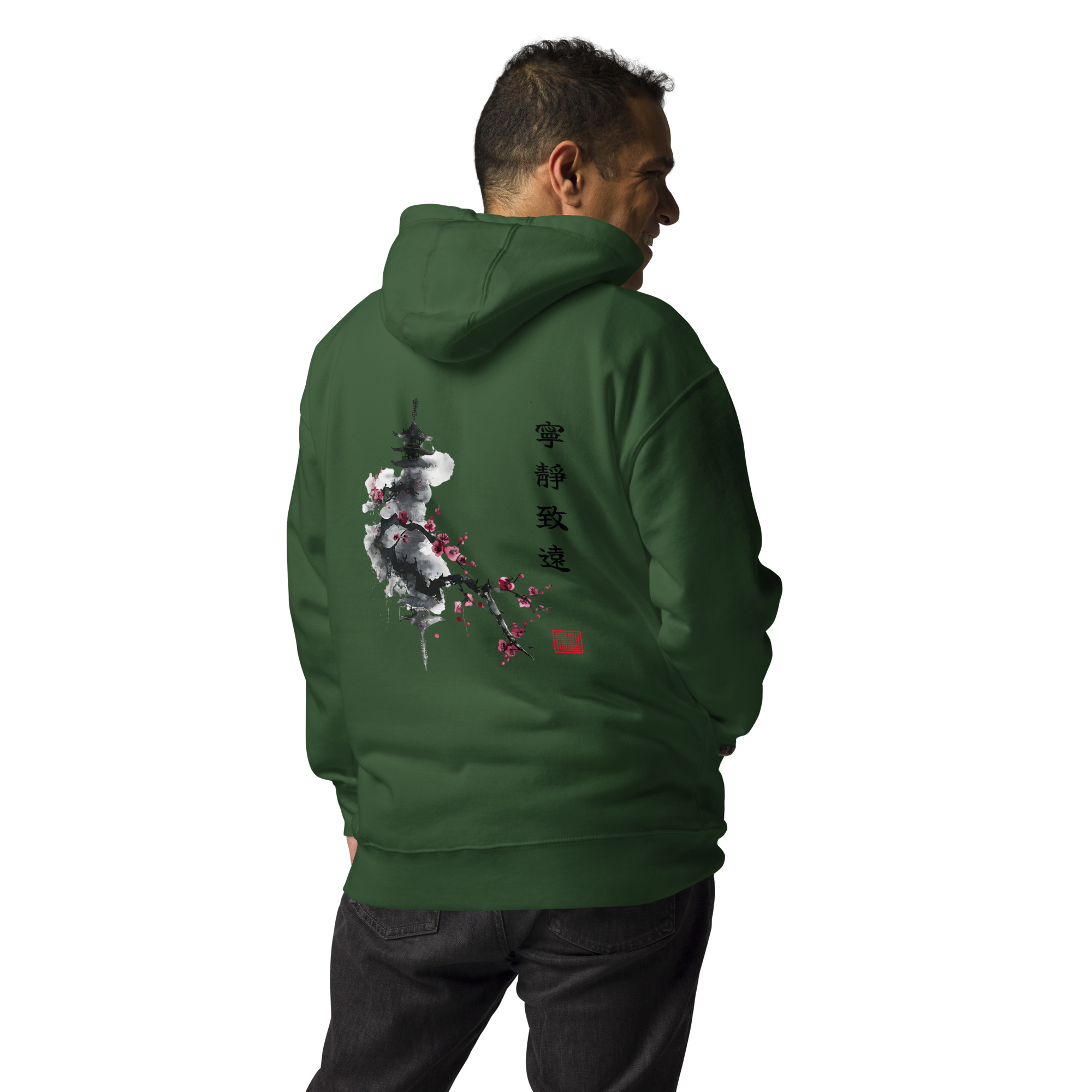 Ink Wash Pagoda & Plum Blossom hoodie in forest green, back view showing the ink-wash pagoda and plum blossom design