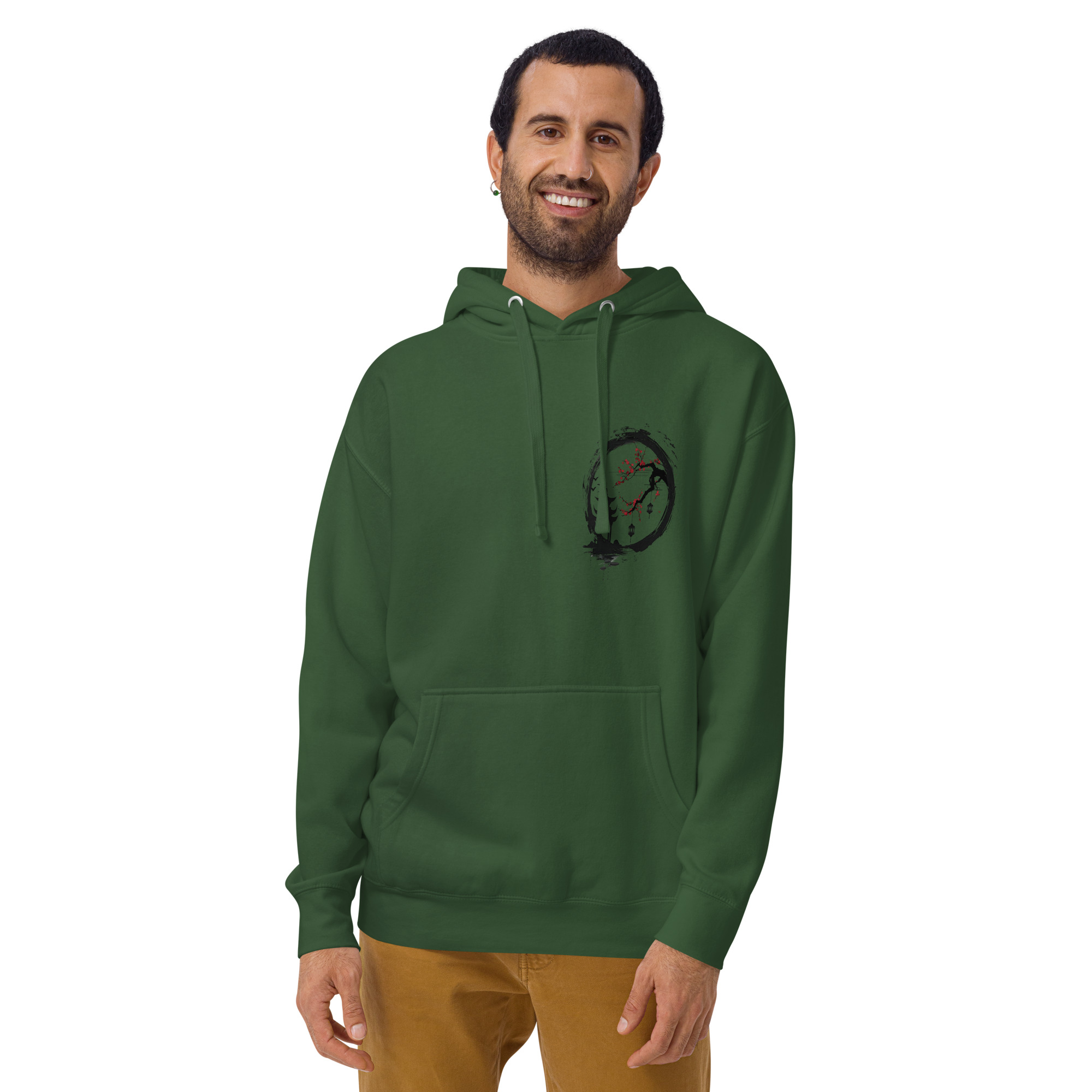 Ink Wash Pagoda & Plum Blossom hoodie in forest green, front view