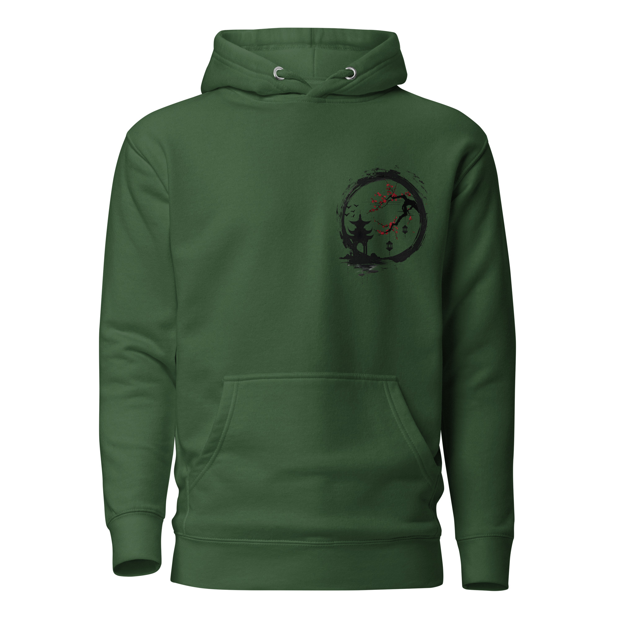 Ink Wash Pagoda & Plum Blossom hoodie in forest green, front view