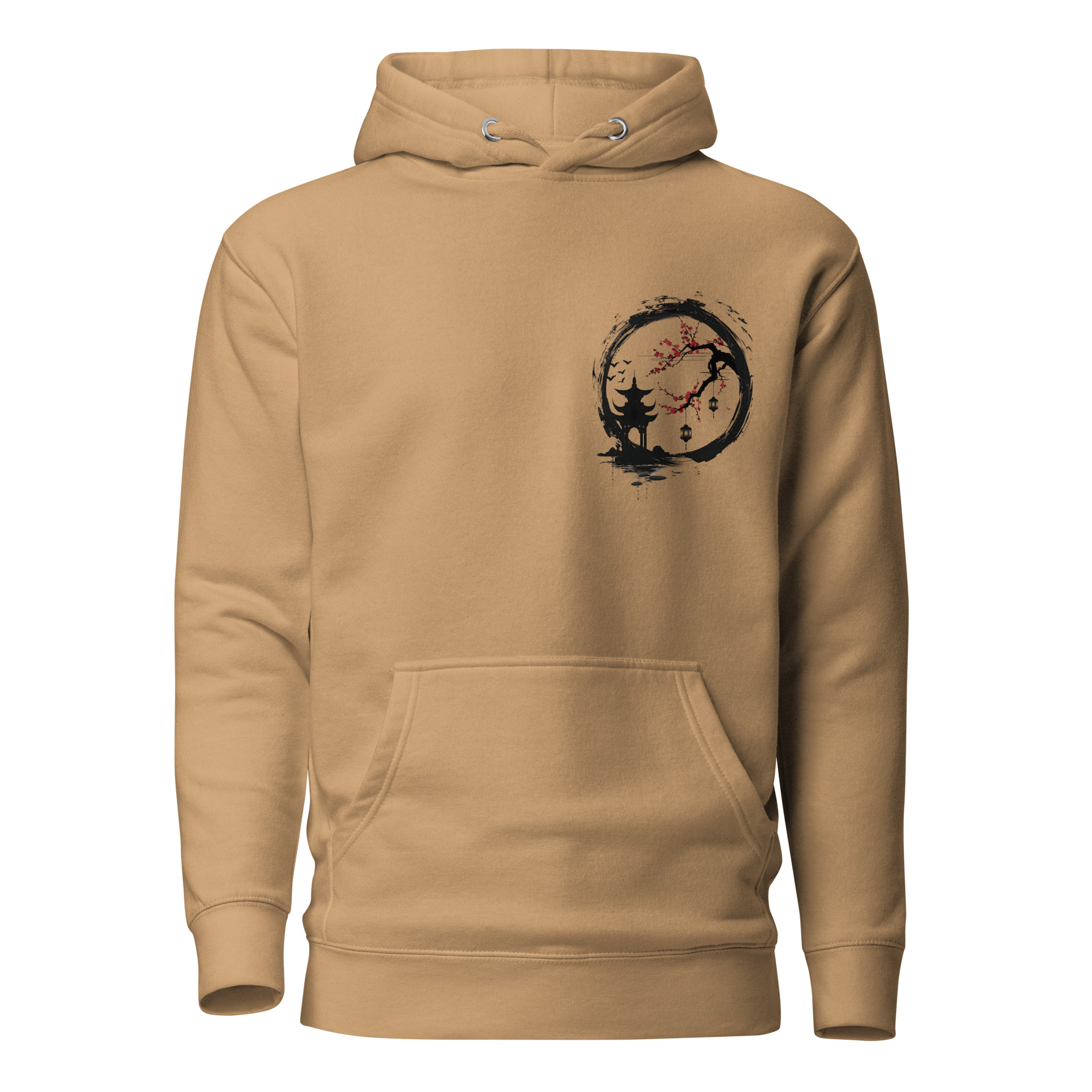 Ink Wash Pagoda & Plum Blossom hoodie in khaki, front view