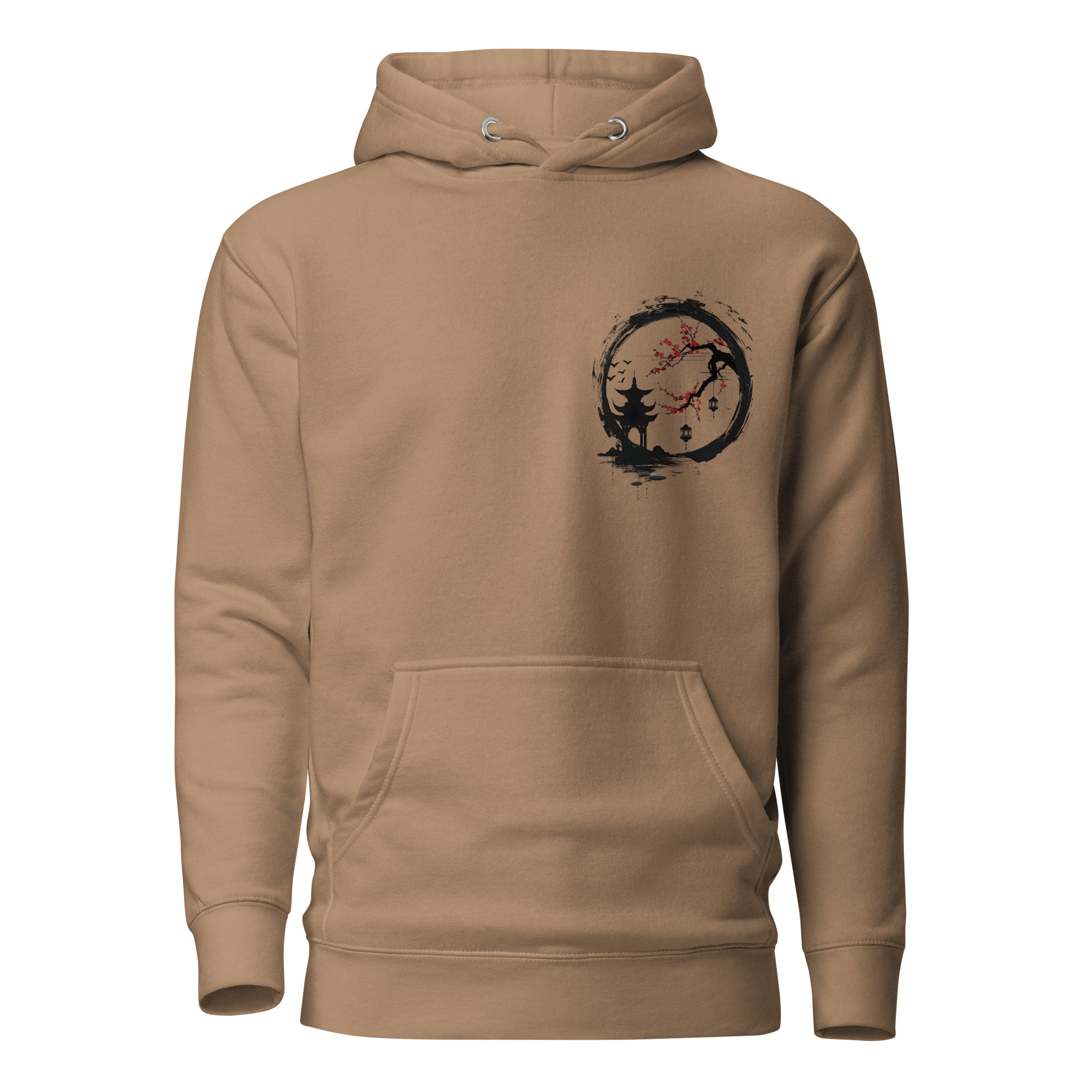Ink Wash Pagoda & Plum Blossom hoodie in latte, front view