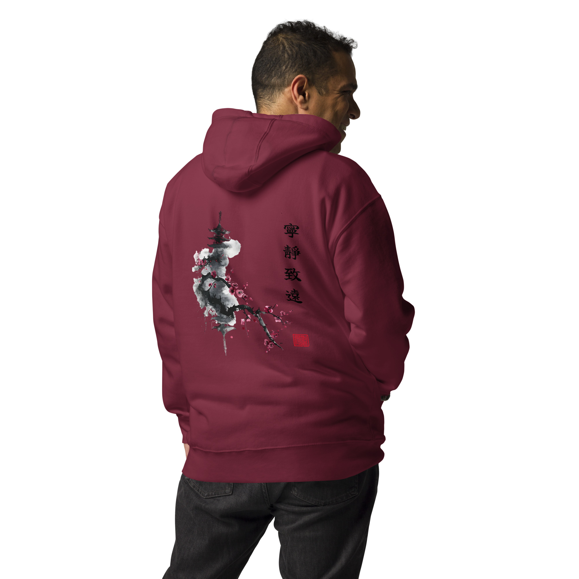 Ink Wash Pagoda & Plum Blossom hoodie in maroon, back view showing the ink-wash pagoda and plum blossom design