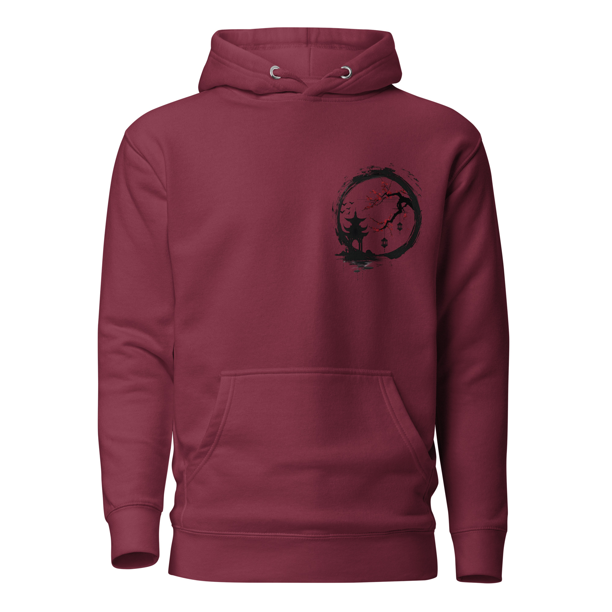 Ink Wash Pagoda & Plum Blossom hoodie in maroon, front view
