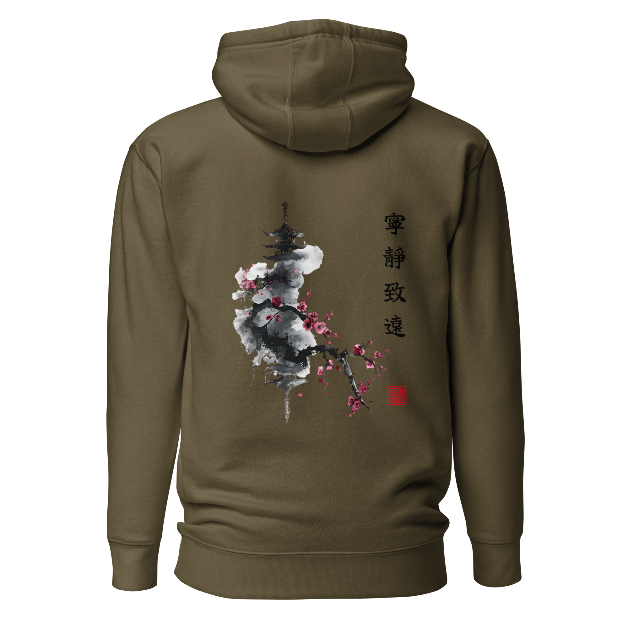 Ink Wash Pagoda & Plum Blossom hoodie in military green, back view showing the ink-wash pagoda and plum blossom design