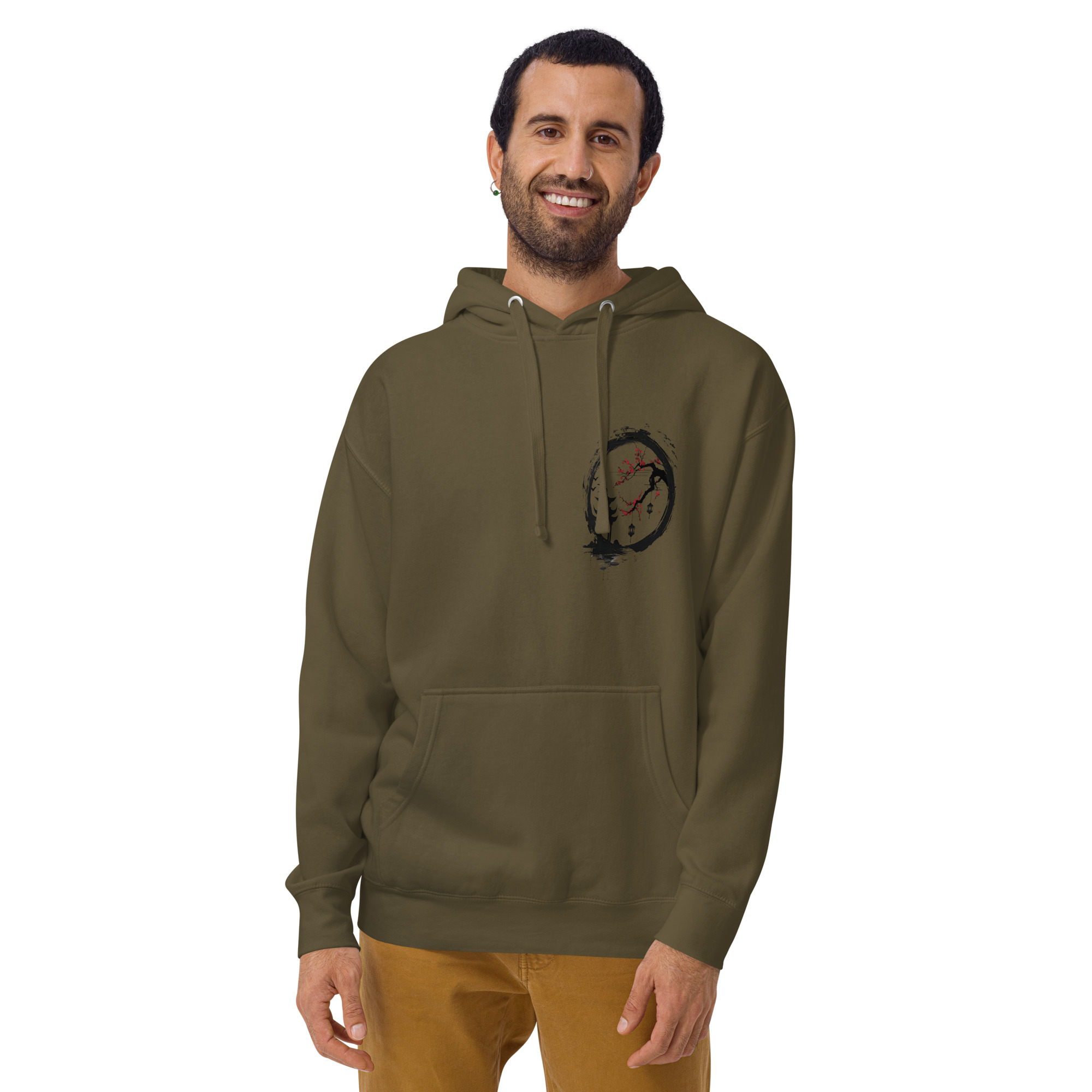 Ink Wash Pagoda & Plum Blossom hoodie in military green, front view