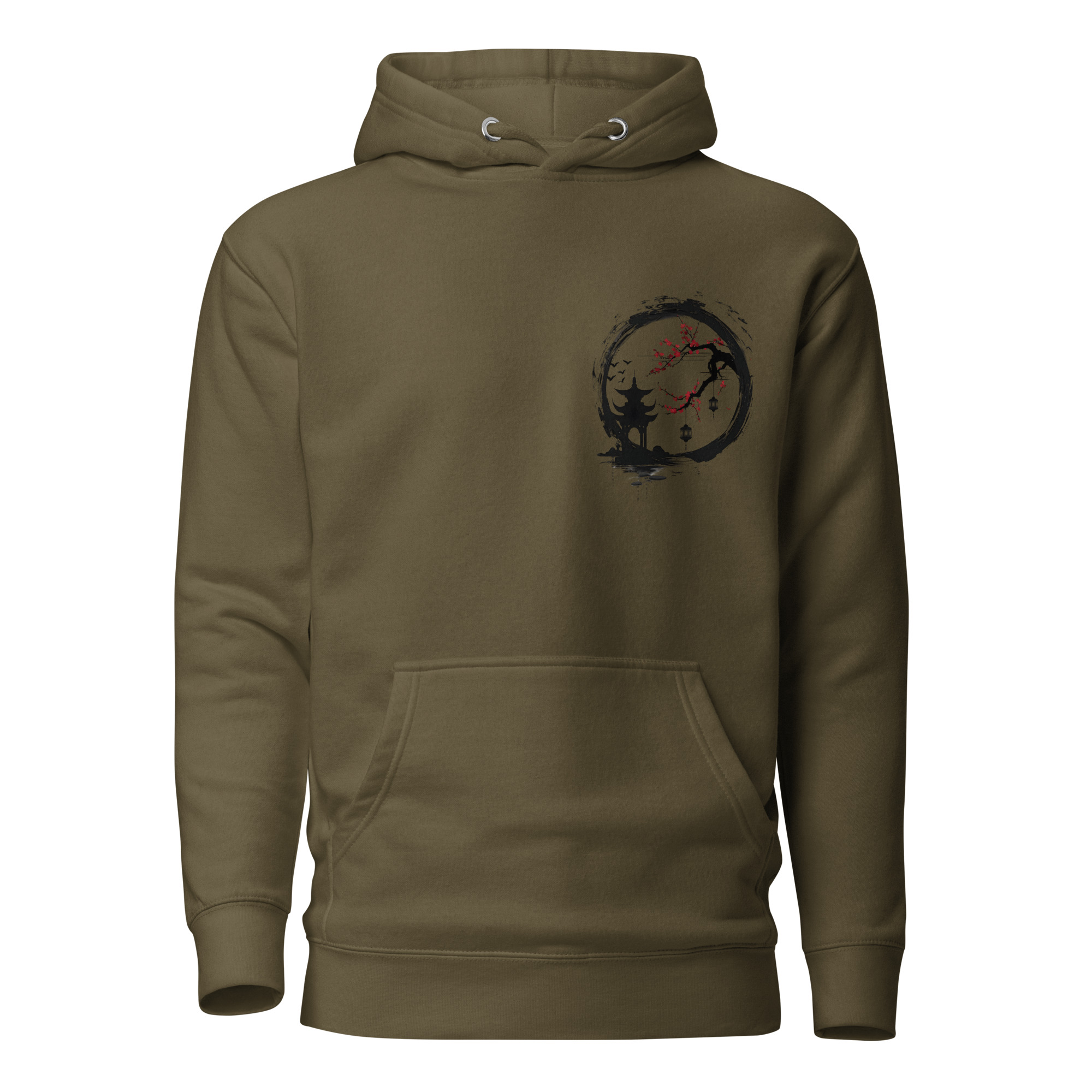 Ink Wash Pagoda & Plum Blossom hoodie in military green, front view