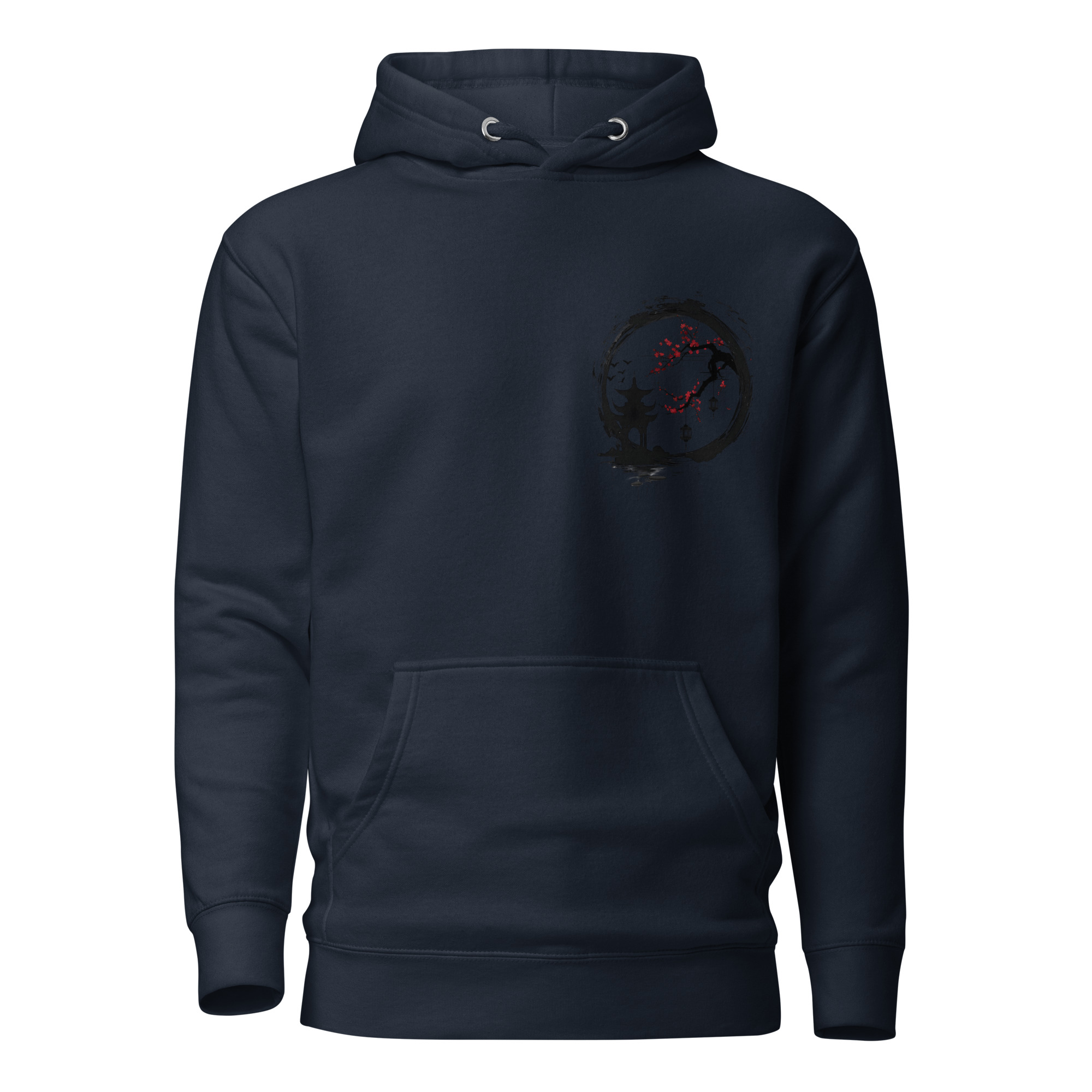Ink Wash Pagoda & Plum Blossom hoodie in navy, front view