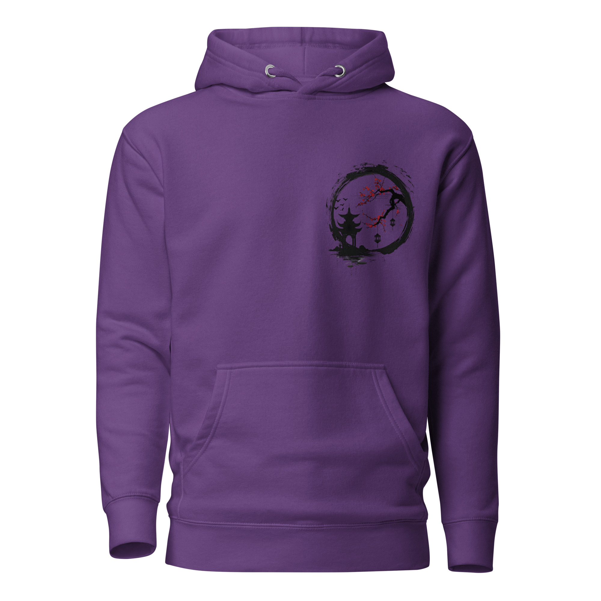 Ink Wash Pagoda & Plum Blossom hoodie in purple, front view