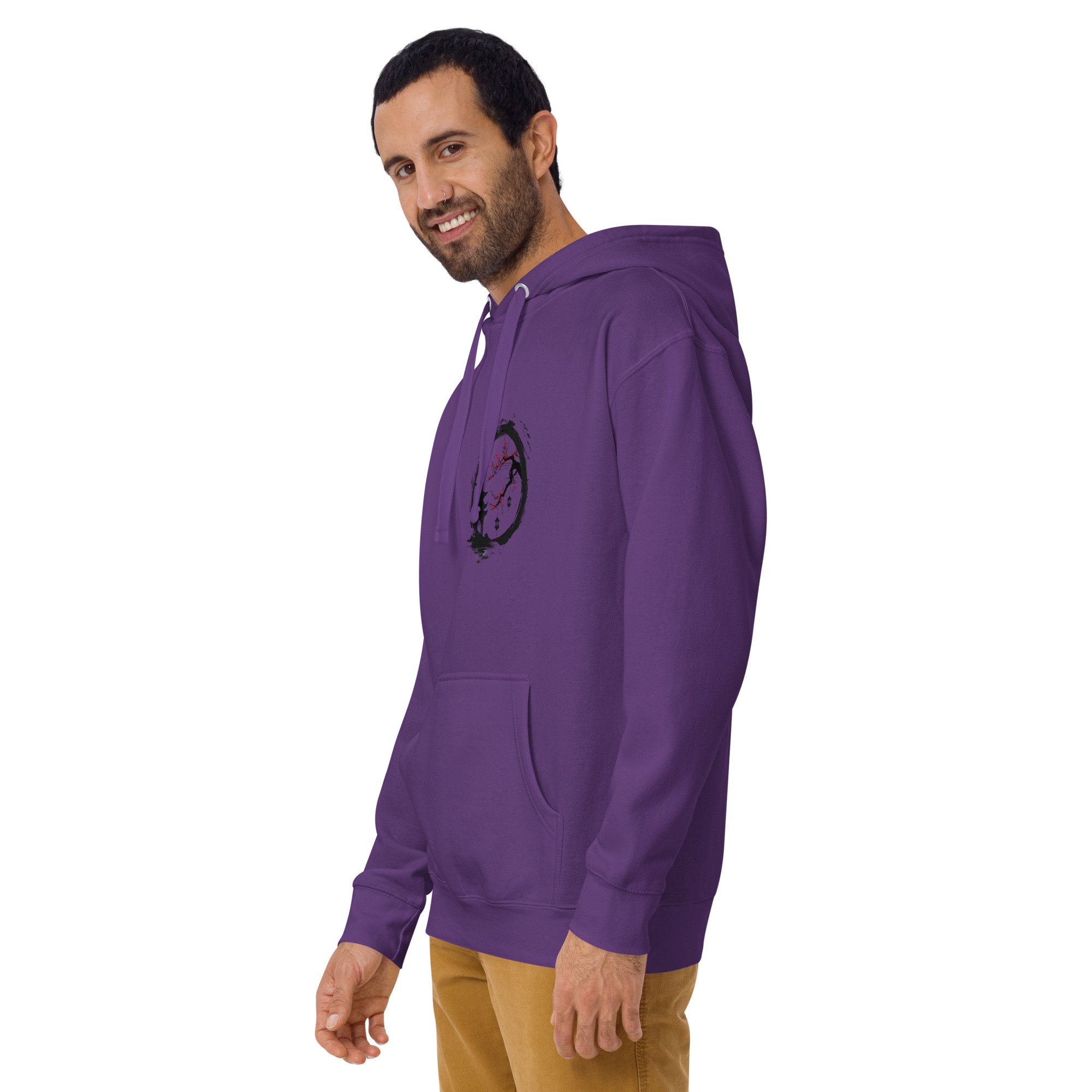 Ink Wash Pagoda & Plum Blossom hoodie in purple, left front view