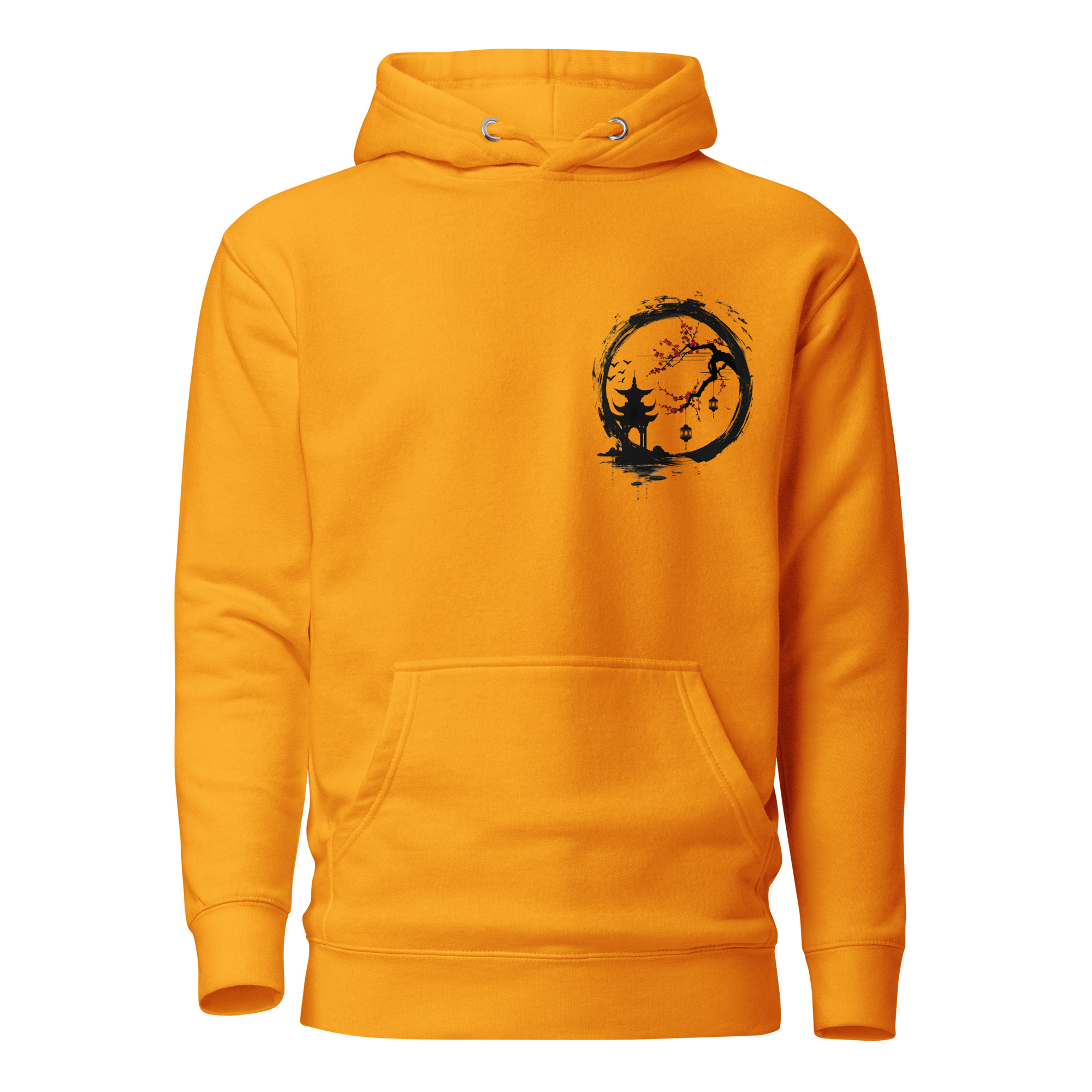 Ink Wash Pagoda & Plum Blossom hoodie in gold, front view