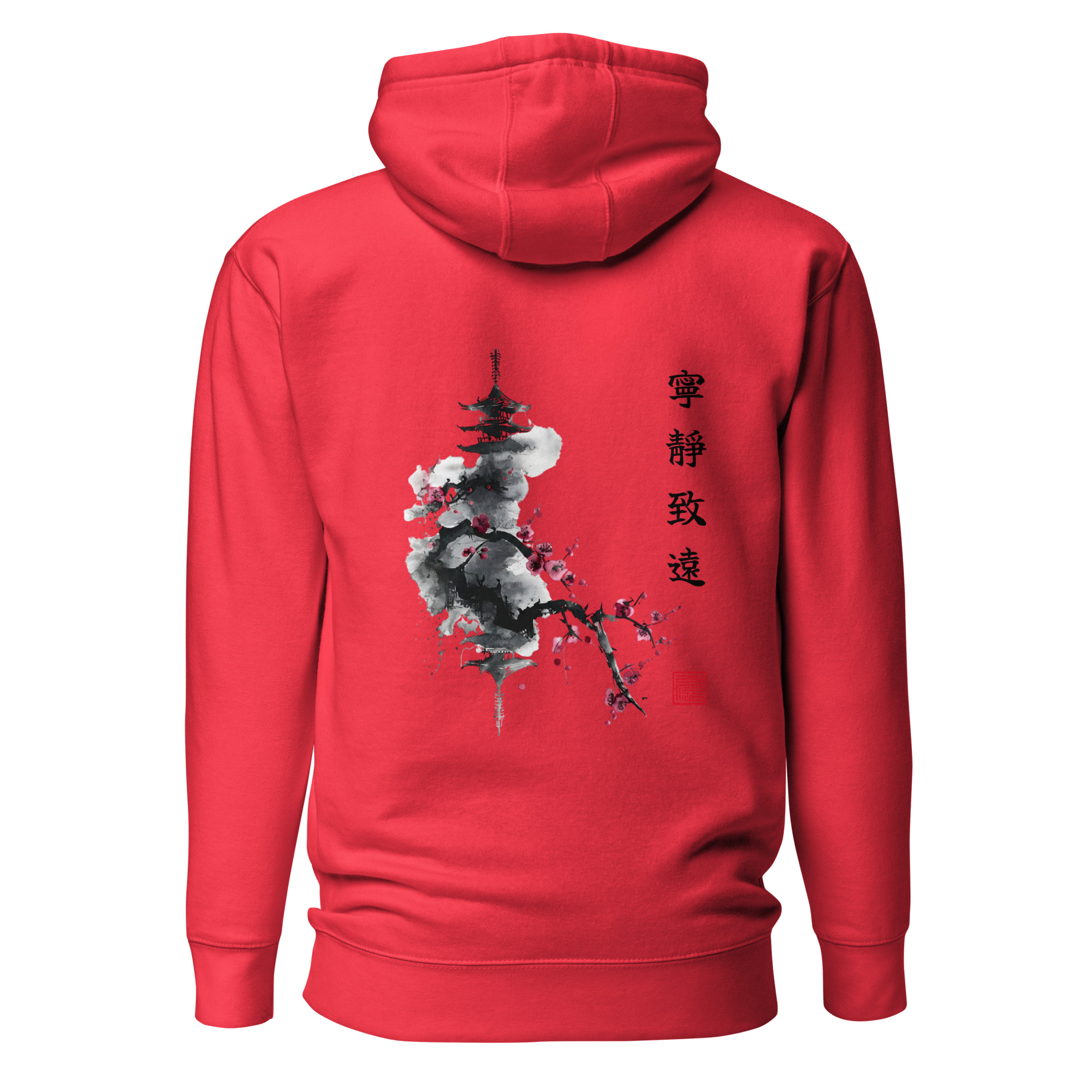 Ink Wash Pagoda & Plum Blossom hoodie in red, back view showing the ink-wash pagoda and plum blossom design
