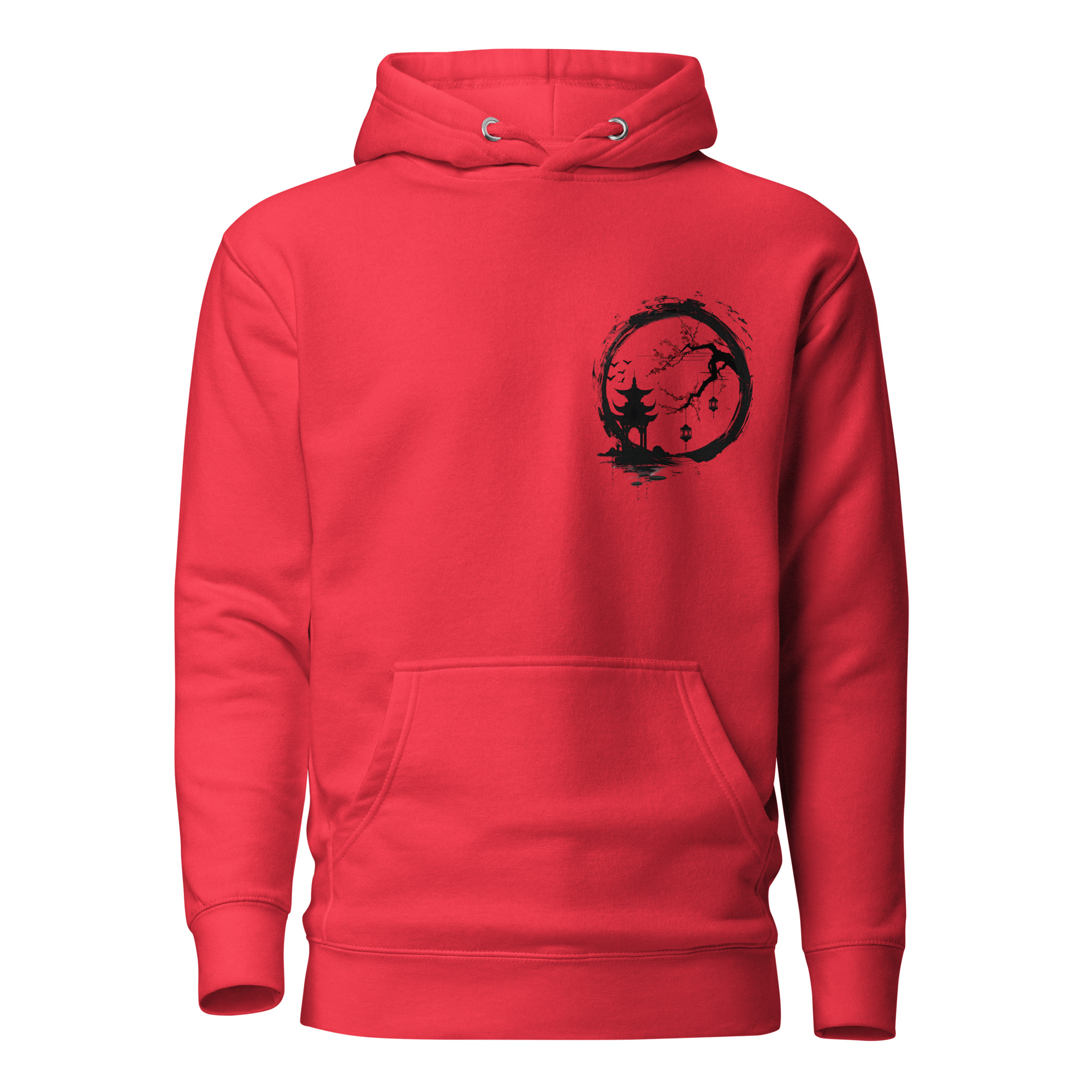 Ink Wash Pagoda & Plum Blossom hoodie in red, front view