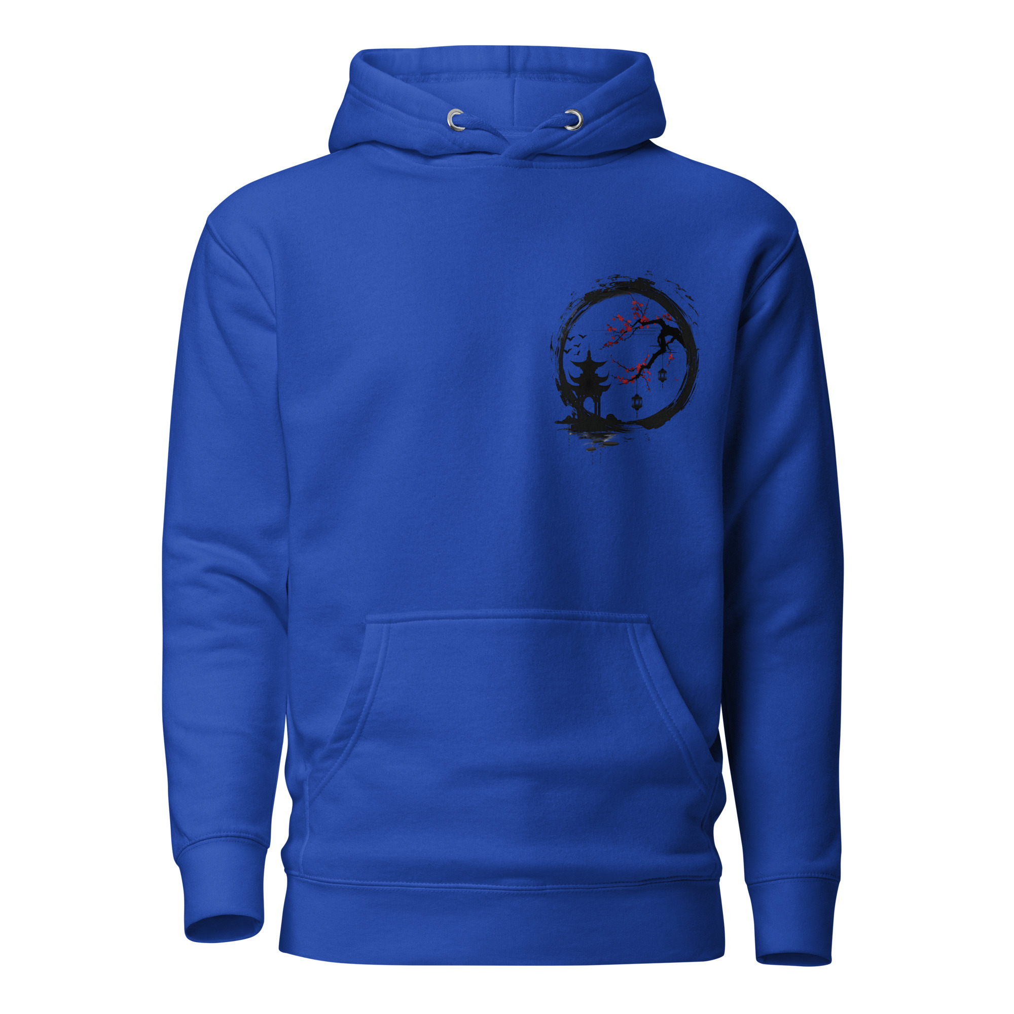 Ink Wash Pagoda & Plum Blossom hoodie in royal blue, front view