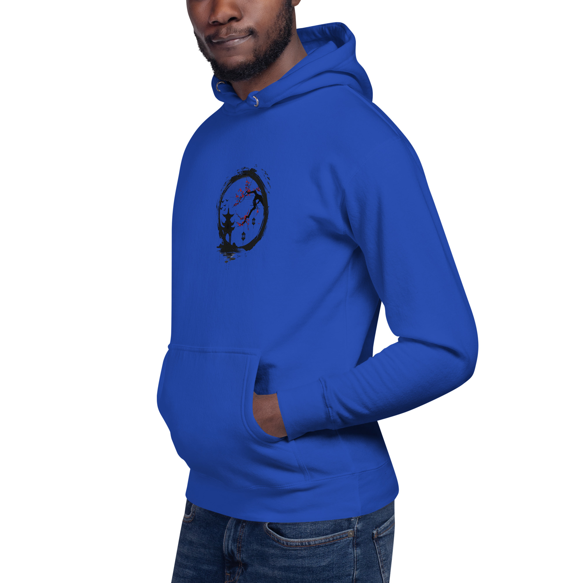Ink Wash Pagoda & Plum Blossom hoodie in royal blue, left front view