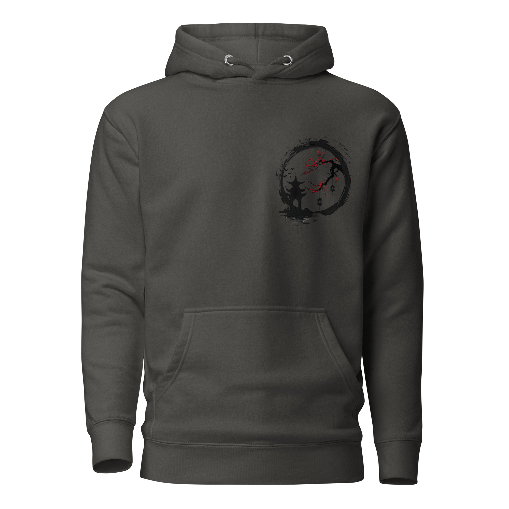 Ink Wash Pagoda & Plum Blossom hoodie in vintage black, front view