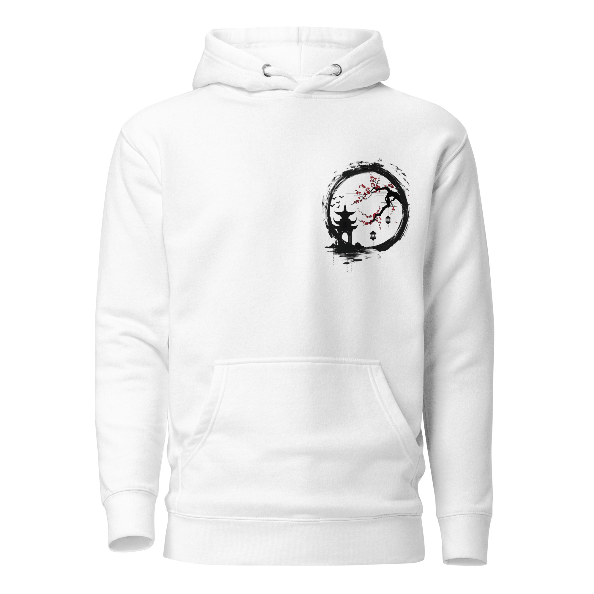 Ink Wash Pagoda & Plum Blossom hoodie in white, front view