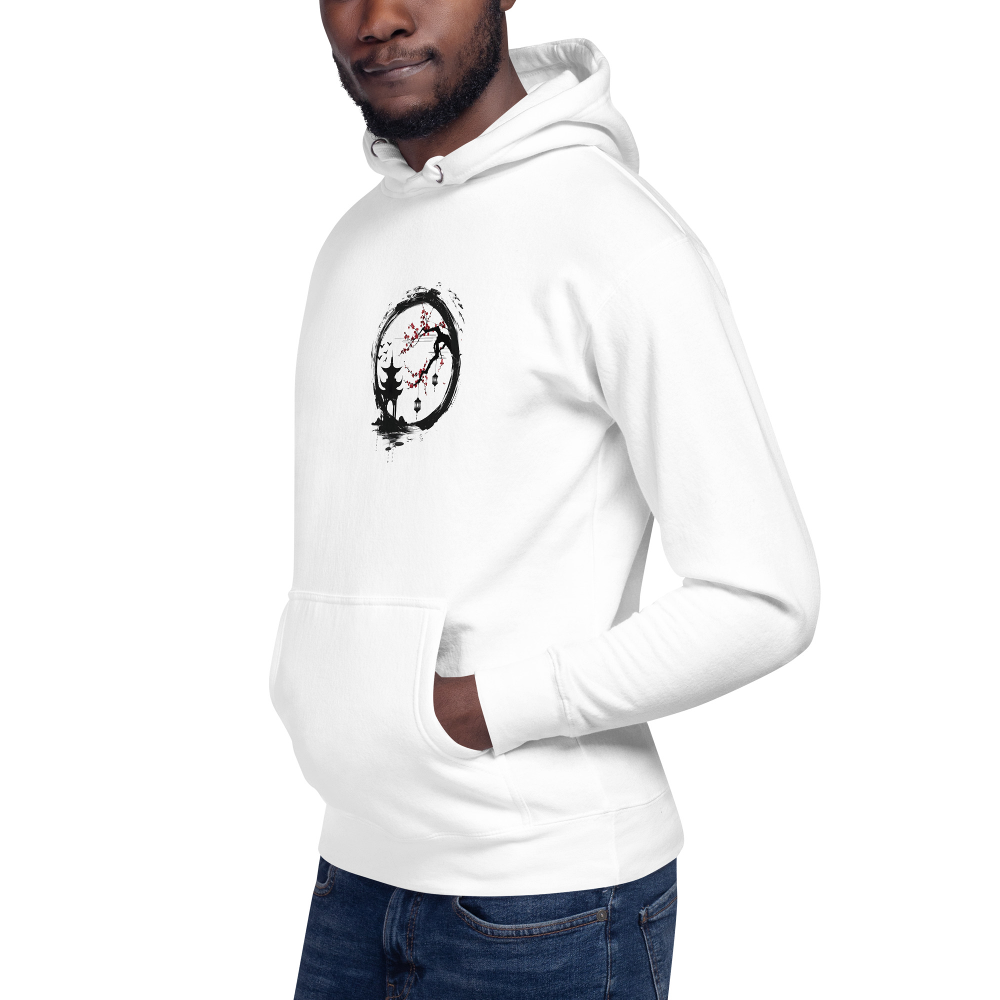 Ink Wash Pagoda & Plum Blossom hoodie in white, left front view