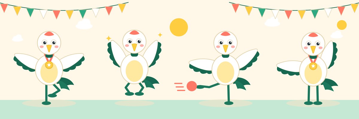 Cranelings banner: four friendly cartoon cranes at the Crane Olympics, balancing on one leg, jumping, kicking a ball and wearing medals, under colourful bunting and a sunny sky