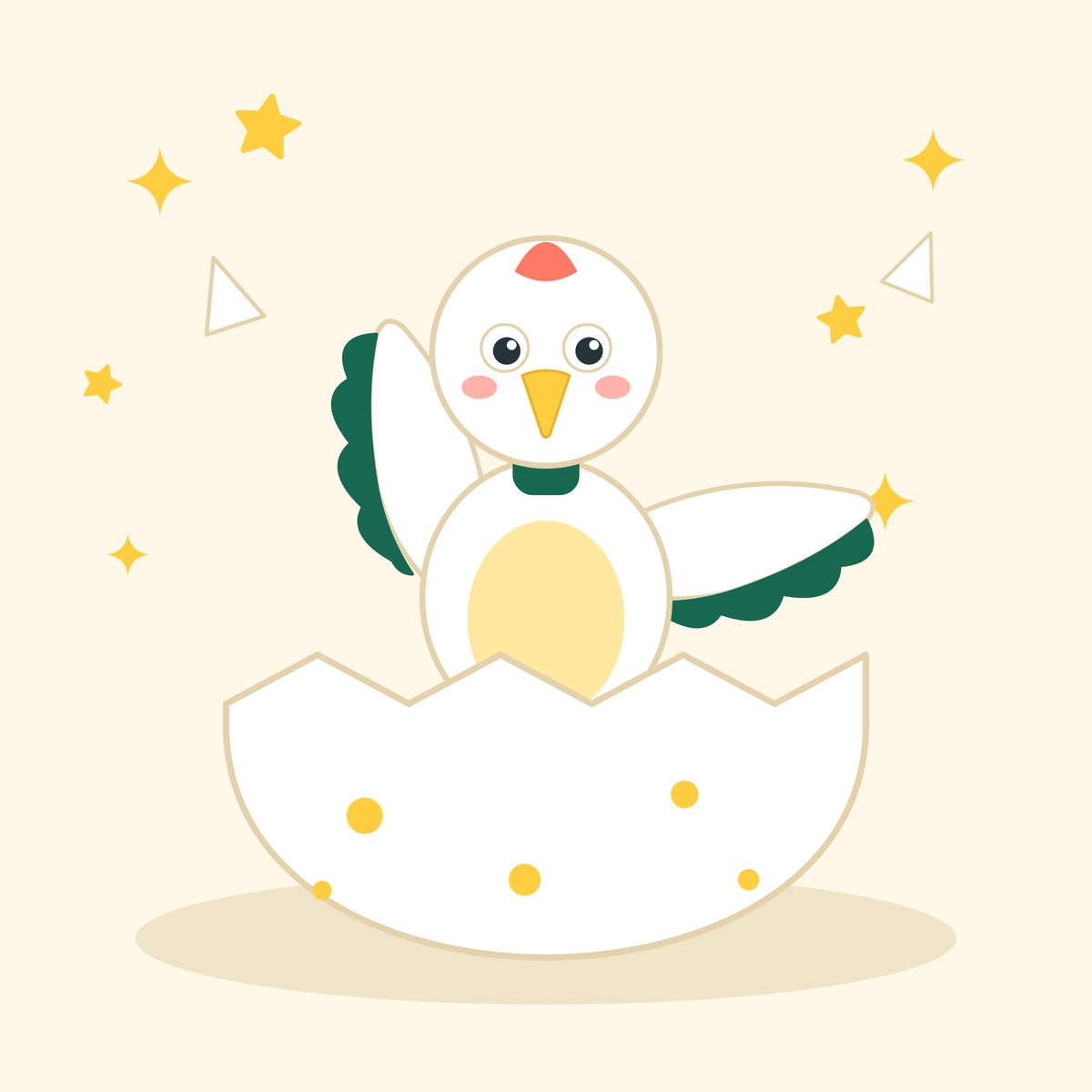 Fledglings (ages 2–3): a smiling baby crane hatching from a speckled egg and waving a wing, surrounded by gold stars