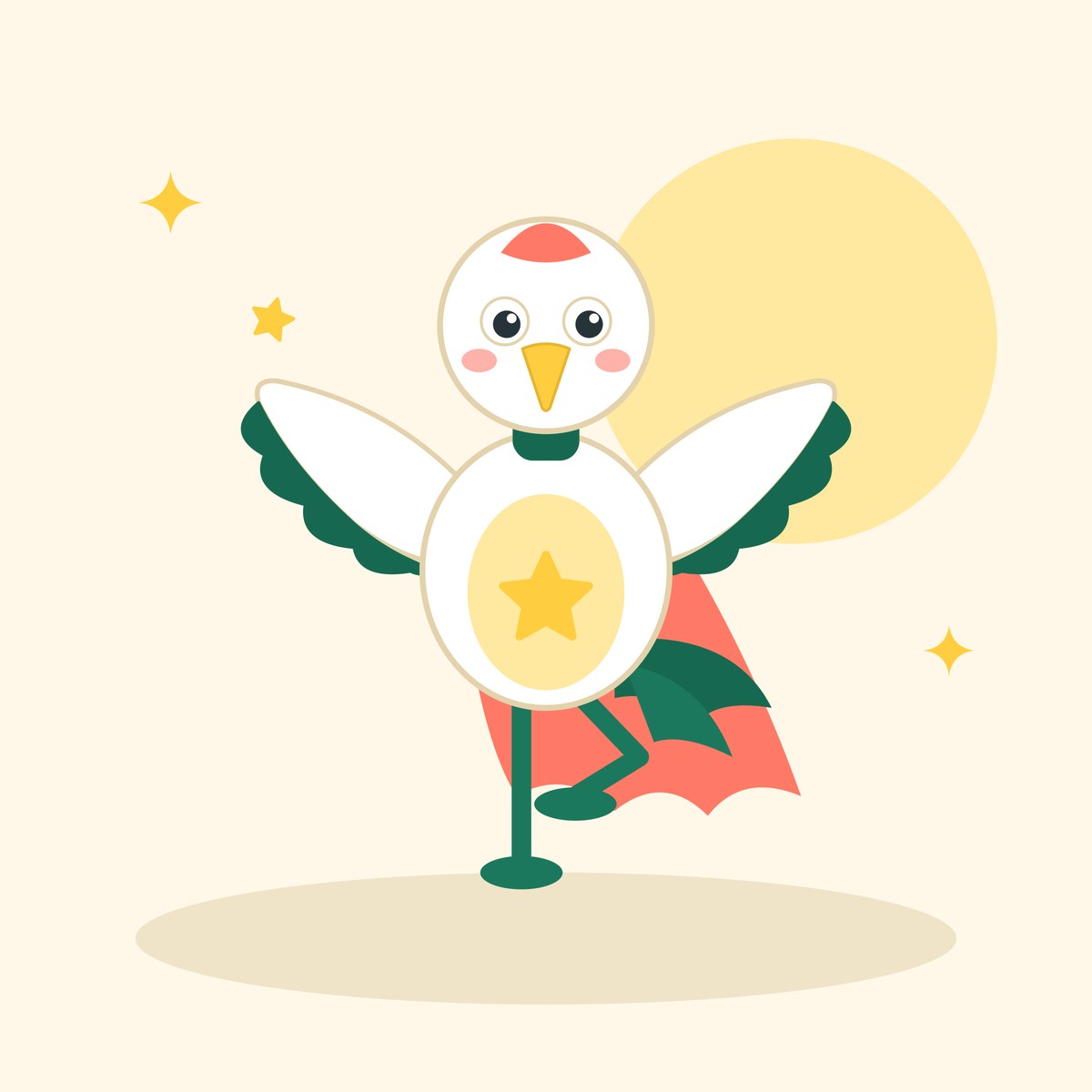 Cranelings (ages 3–5): a smiling crane in a coral cape and gold star badge, balancing on one leg with its wings spread wide