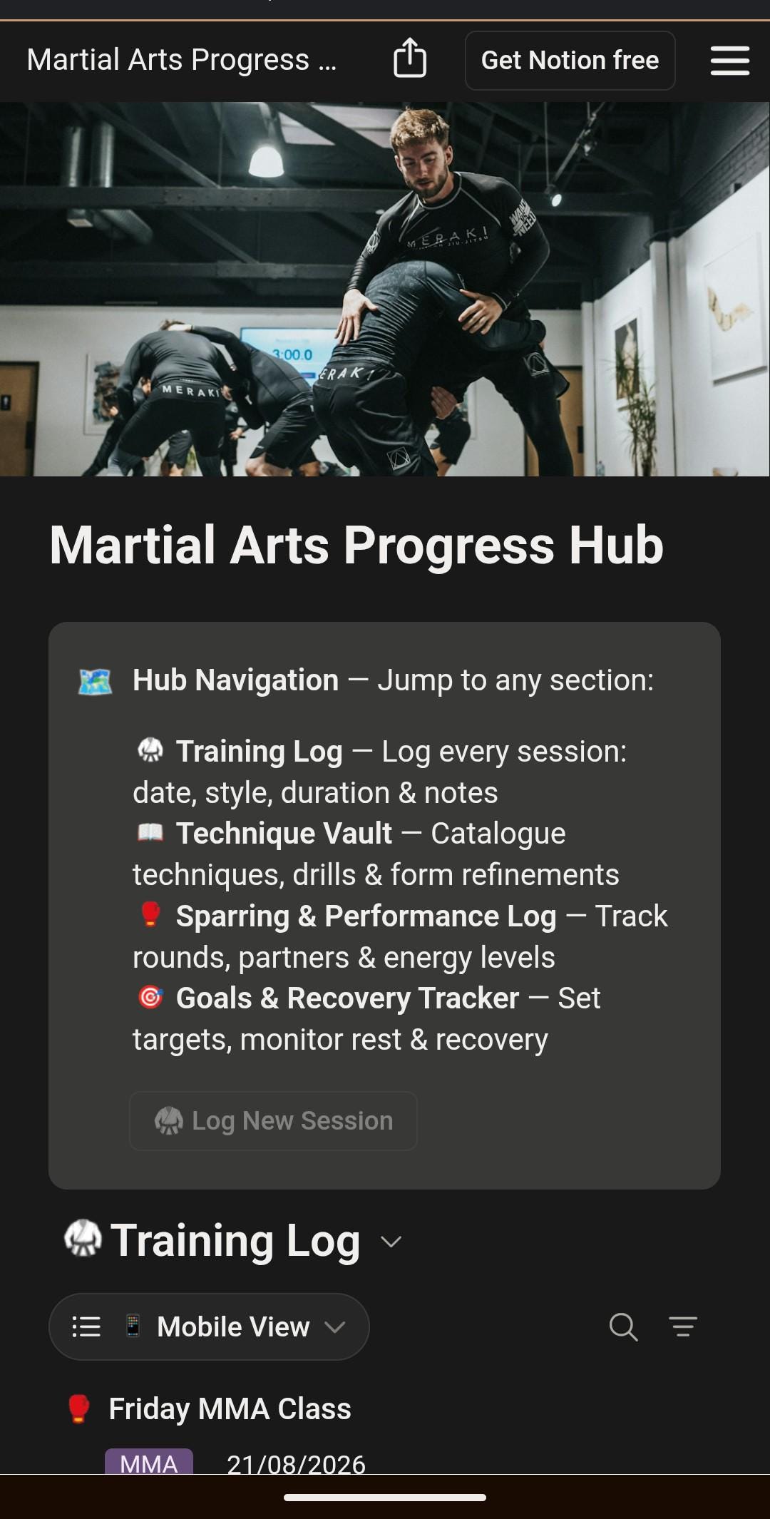 Martial Arts Training Log, a Notion template for logging training sessions and techniques