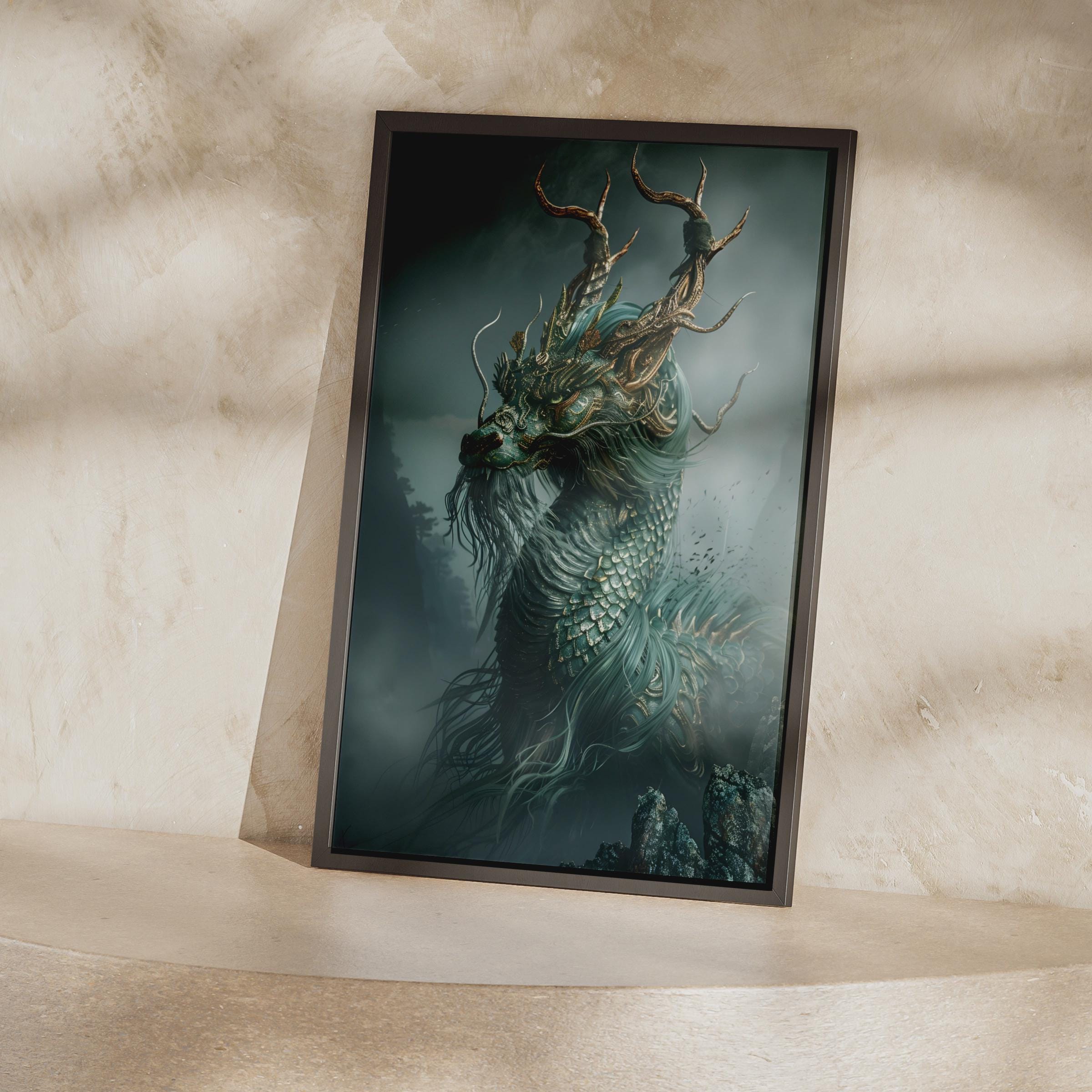 Qilin poster: Chinese mythical beast in teal and gold tones