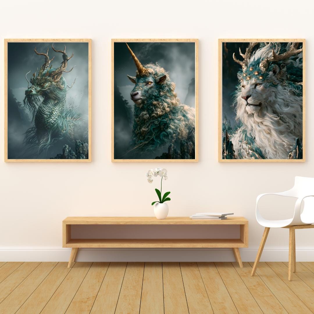 Chinese Mythical Beasts Trio: three posters of the Qilin, Bai Ze and Xiezhi in teal and gold