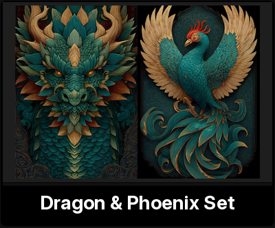 Dragon and Phoenix poster set from the Wing Chun Halesowen Etsy shop: a teal dragon beside a teal and gold phoenix