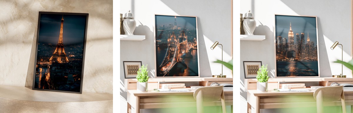 Night Cities Trio: Paris, London and New York posters